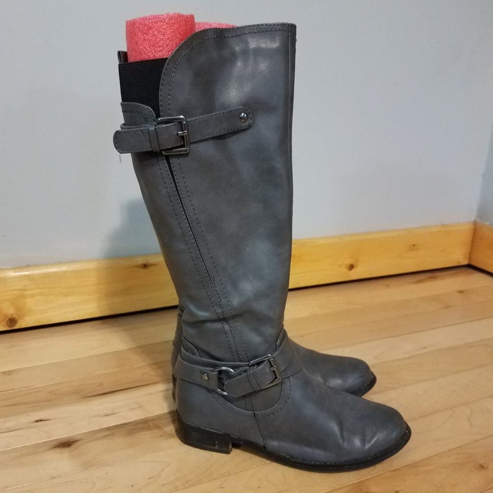 Grey knee high boots